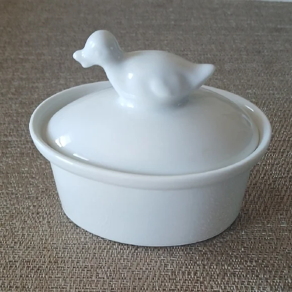 Vintage Apilco Porcelain A Feu Duck Finial Covered Lidded Pate Dish - Picture 1 of 4